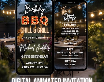 Editable Digital BBQ Invitation, Animated BBQ Party Invite, BBQ Chill and Grill, Modern Birthday Invitation, Digital Birthday Invite Any Age