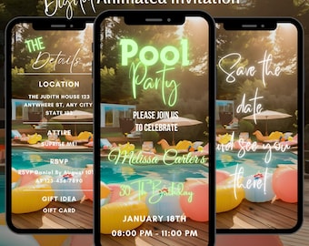 Pool Party Birthday Invitation, Animated Birthday Video Invite, Editable BBQ Party Evite, Digital Summer Birthday Invitation Template