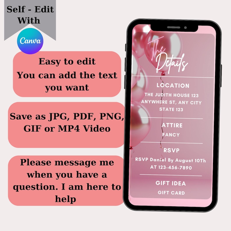 Pu&ograve; includere: Un invito digitale rosa e bianco con il testo "The Details" in un cerchio rosa. L'invito include i dettagli per una festa, tra cui la posizione, l'abbigliamento, le informazioni RSVP e le idee regalo.