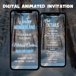 May include: Digital invitation for a 30th birthday party with a winter wonderland theme. The invitation features a snowy forest scene with the text "Winter Wonderland" and "Melissa Carter's 30th Birthday". The details of the party are listed on the right side of the invitation, including the location, attire, RSVP information, and gift idea.