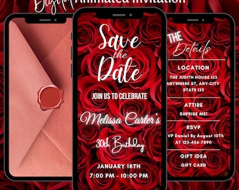 Red Rose Birthday Invitation, Floral Birthday Video Invite, Editable Dinner Party Evite, Digital Canva Template