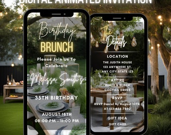 Bewerkbare digitale verjaardagsuitnodiging brunch, geanimeerde moderne verjaardagsuitnodiging, volwassen verjaardag, bewerkbaar tot elke leeftijd, verjaardagsbrunch uitnodigen