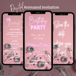 Digital Pink Disco Birthday Party Invitation, Disco Birthday Party Animated Invitation, Editable Disco Birthday Video Invitation Template