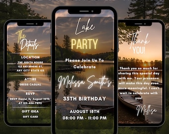 Bewerkbare Lake verjaardagsuitnodiging, digitale Lake Birthday Party uitnodiging, geanimeerde Boat Shore Lake zomer telefoon uitnodigen, bewerkbaar voor elke leeftijd