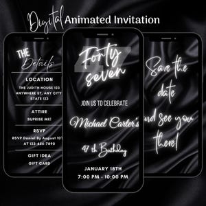 Digital Black 47th Birthday Invitation, Animated 47th Birthday Party Invitation, Editable 47th Dinner Party Evite Video Invitation Template