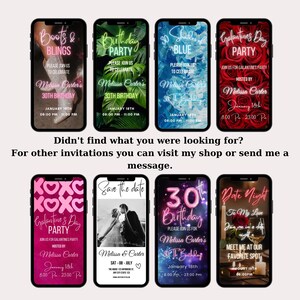 Puede incluir: Una colecci&oacute;n de nueve invitaciones digitales para tel&eacute;fono para diversos eventos, que incluyen una fiesta de cumplea&ntilde;os n&uacute;mero 30, una fiesta del D&iacute;a de la Galentina, una invitaci&oacute;n para guardar la fecha y una cita nocturna. Las invitaciones presentan fondos y textos coloridos, algunas con luces de ne&oacute;n y otras con dise&ntilde;os florales.