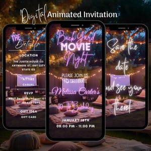 Digital Backyard Movie Night Birthday Invitation, Animated Movie Night Invitation, Movie Party Video Invitation, Editable Movie Marathon