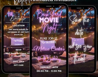 Digital Backyard Movie Night Birthday Invitation, Animated Movie Night Invitation, Movie Party Video Invitation, Editable Movie Marathon