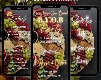 Animated BYOB Party Video Invitation, Charcuterie Board Dinner Evite, Editable Girls Night Template, Canva Digital Download