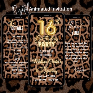 Invito video modificabile per la festa del 16° compleanno a tema leopardo (download digitale)
