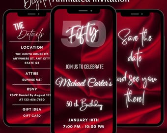 Animated Red 50th Birthday Video Invitation, Editable Elegant Dinner Party Evite (Digital Download)