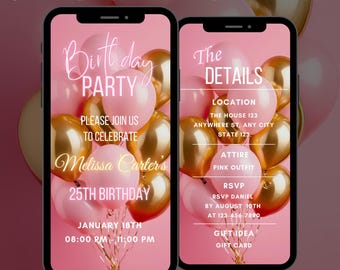 Digital Pink Birthday Party Invitation, Pink Birthday Party Animated Invitation, Editable Birthday Party Digital Video Invite, Pink Birthday