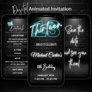 Digital Neon 13th Birthday Party Invitation, Editable Animated Neon Blue 13th Birthday Invitation, 13th Birthday Video Invitation Template