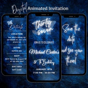 Digital Blue 37th Birthday Invitation, Animated 37th Birthday Party Invitation, Editable 37th Party Video Invitation, Text Message Invite