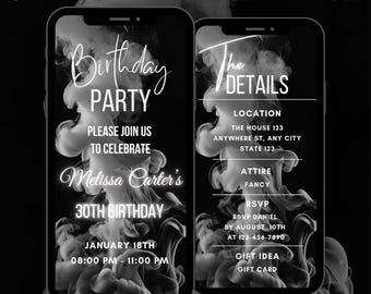 Editable Black Birthday Video Invitation, Animated All Black Dinner Party Mobile Invite (Digital Download)