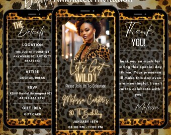 Editable Leopard Print Birthday Video Invitation: Animated Cheetah Print Dinner Party Invite (Digital Download)