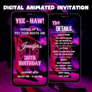 Editable Western Birthday Party Invitation, Digital NeonCowgirls Birthday Party Invite, Animated Video Invite, YEE HAW! Birthday Invitation