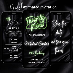 Digital Green 29th Birthday Party Invitation, Editable Animated Neon Green 29th Birthday Invitation, 29th Birthday Video Invitation Template
