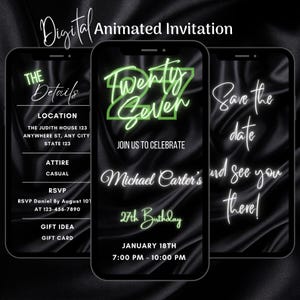 Digital Green 27th Birthday Party Invitation, Editable Animated Neon Green 27th Birthday Invitation, 27th Birthday Video Invitation Template