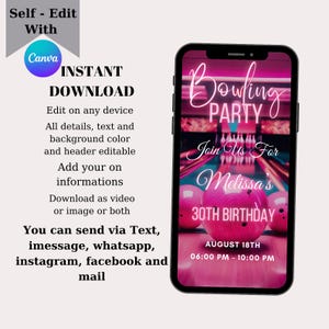May include: A pink and black digital invitation for a bowling party. The invitation features a bowling alley with bowling pins and a ball. The text on the invitation reads "Bowling Party", "Join Us For Melissa's 30th Birthday", "August 18th", and "06:00 PM - 10:00 PM".