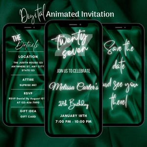 Digital Green 27th Birthday Invitation, Animated 27th Birthday Party Invitation, Editable 27th Birthday Dinner Video Invitation Template