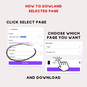 May include: A screenshot of a computer screen showing how to download a selected page from a website. The screen shows a menu with options for file type, quality, and selecting pages. The user can choose to download all pages or select specific pages. The screen also shows a button to download the selected pages.
