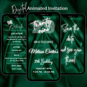 Digital Green 29th Birthday Invitation, Animated 29th Birthday Party Invitation, Editable 29th Birthday Dinner Video Invitation Template
