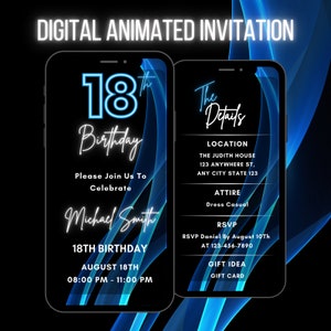 Editable Digital 18th Birthday Invitation, Animated Eighteenth Party Invite For Men,Neon Blue Video Evite For Him, Modern Birthday Invite