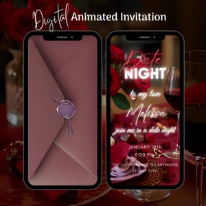Puede incluir: Invitación digital animada en dos smartphones. Uno muestra un sobre malva con un sello de cera morado. El otro muestra una invitación de cita nocturna con rosas rojas, el texto "Date Night" y "Melissa", y detalles del evento.