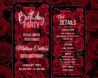 May include: Digital invitation with a red rose background. The text reads "Birthday Party" and "The Details". The invitation is for Melissa Carter's 30th birthday party on January 18th from 8:00 PM to 11:00 PM.