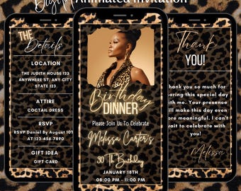 Animated Leopard Birthday Video Invitation, Wild Dinner Party Smartphone Invite, Editable Cheetah Mobile Evite Template