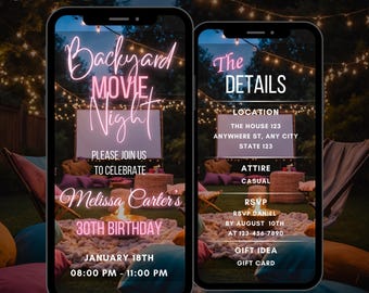 Editable Backyard Movie Night Birthday Invitation, Animated Movie Night Invitation, Movie Party Video Invitation, Digital Cinema Party