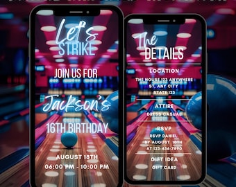 Editable Neon Bowling Birthday Invitation, Let's Strike Neon Glow Bowling Animated Invitation, Digital Birthday Bowling Party Invitation