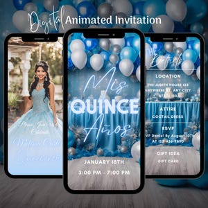 Digitale blaue Quinceanera-Einladung, bearbeitbare rosa Einladung zum 15. Geburtstag, Mis Quince Anos laden Vorlage ein, Quinceanera-Videoeinladung