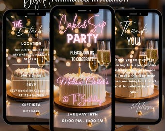Digital Cake and Sip Invitation, Editable Wine and Cake Birthday Invitation Template, Dinner Party Video Invite, Birthday Party Invitation