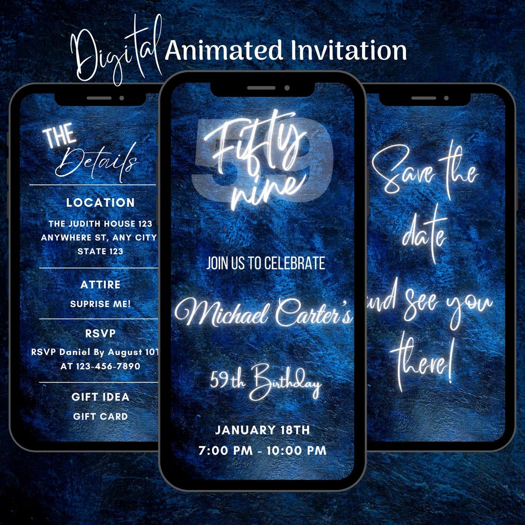 Animated Blue 59th Birthday Invitation: Editable Video Invite (digital ...