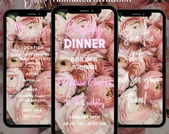 Editable Birthday Dinner Video Invitation: Animated Pink Floral Birthday Party Invite Template(Digital Download)