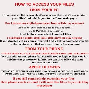May include: A text-based guide on how to access digital files purchased from Etsy.com. The guide explains how to access files from a computer or phone, and includes instructions for Apple ID users.