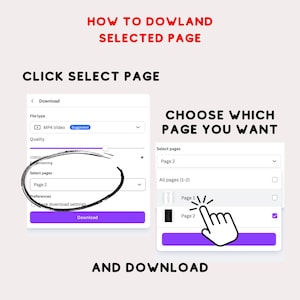 May include: A screenshot of a computer screen showing how to download a selected page from a website. The screen shows a menu with options for file type, quality, and selecting pages. The user can choose to download all pages or select specific pages. The screen also shows a button to download the selected pages.