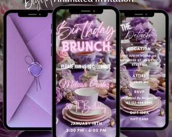 Editable Purple Brunch Party Birthday Video Invitation, Pink Tea Party Animated Invite (Digital Download)