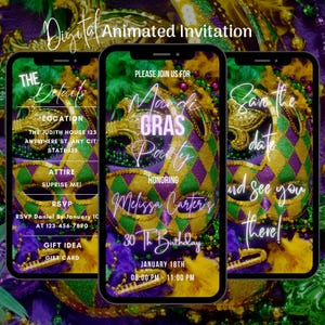 May include: Digital invitation for a Mardi Gras party honoring Melissa Carter's 30th birthday. The invitation features a purple, green, and gold Mardi Gras mask with beads and feathers. The text on the invitation reads "Please join us for Mardi Gras Party Honoring Melissa Carter's 30th Birthday" and "January 18th 08:00 PM - 11:00 PM".