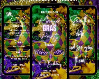 Peut inclure: Invitation numérique pour une fête du Mardi Gras en l'honneur du 30e anniversaire de Melissa Carter. L'invitation présente un masque de Mardi Gras violet, vert et or avec des perles et des plumes. Le texte sur l'invitation indique "Veuillez vous joindre à nous pour la fête du Mardi Gras en l'honneur du 30e anniversaire de Melissa Carter" et "18 janvier 20h00 - 23h00".