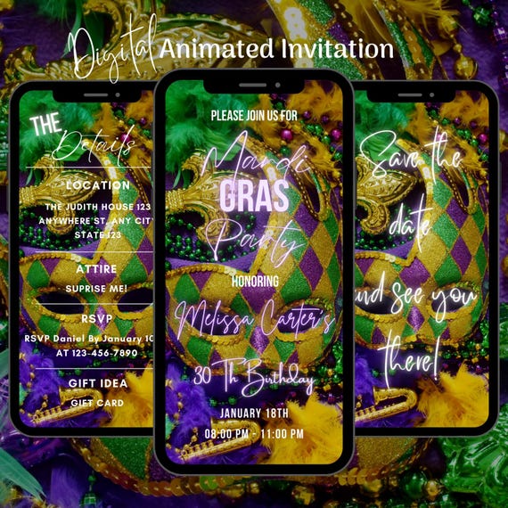 Digital Mardi Gras Party Invitation, Animated Mardi Gras Birthday InvitationTemplate, Masquerade Ball Invite, Carnival Invite, Mardi Gras