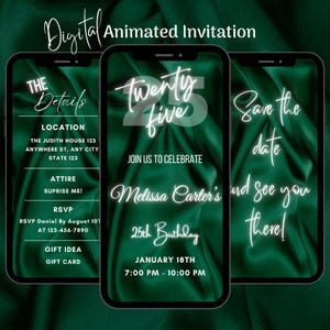 Digital Green 25th Birthday Invitation, Animated 25th Birthday Party Invitation, Editable 25th Birthday Dinner Video Invitation Template