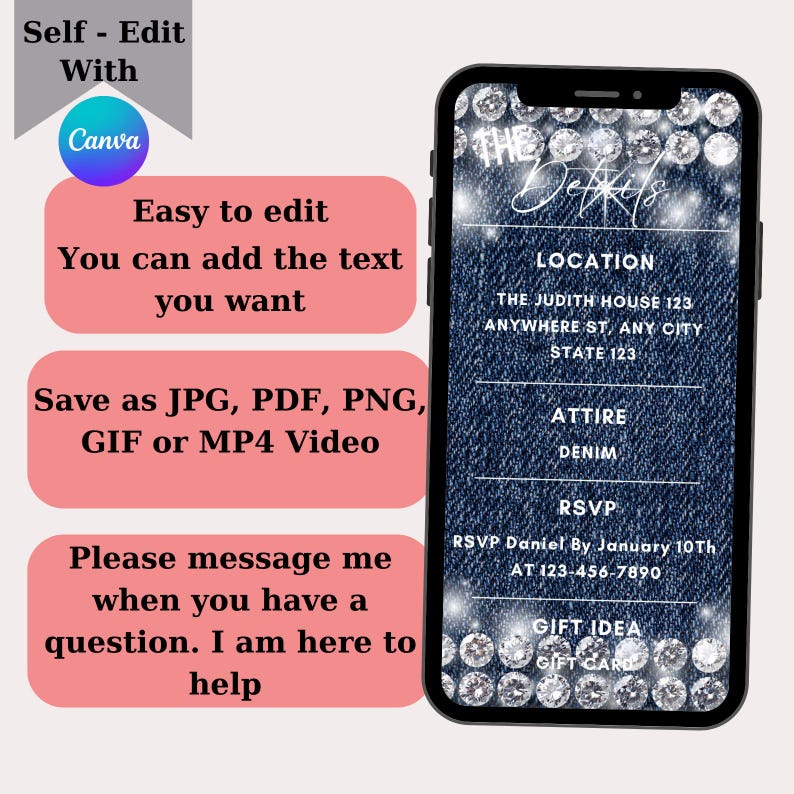 May include: A digital invitation template with a denim background and rhinestones. The text "The Details" is written in a script font. The invitation includes the location, attire, RSVP information, and gift idea. The text is editable and can be saved as a JPG, PDF, PNG, GIF, or MP4 video.