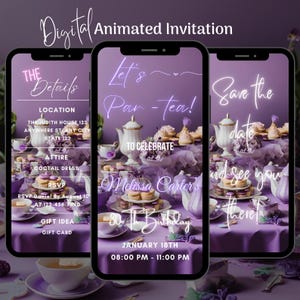 Digital Editable Tea Party Birthday Invitation, Animated Purple Party Tea Video Invite, Whimsical Tea Birthday Brunch Invitation Template