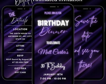 Purple Birthday Dinner Party Video Invitation, Elegant Animated Smartphone Invite, Editable Luxury Milestone Mobile Evite Template