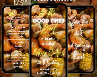 Digital Crawfish Boil Invitation, Animated Let The Good Times Boil Video Invitation, Birthday Dinner Invitation Template, Seafood Party