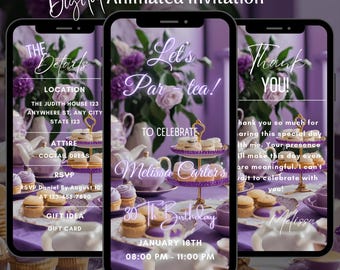 Digital Editable Tea Party Birthday Invitation, Animated Purple Party Tea Video Invite, Whimsical Birthday Brunch Invite