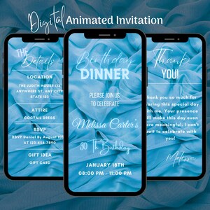 Digital Blue Birthday Dinner Invitation, Editable Light Blue Dinner Party Animated Invitation, Birthday Dinner Video Invitation Template
